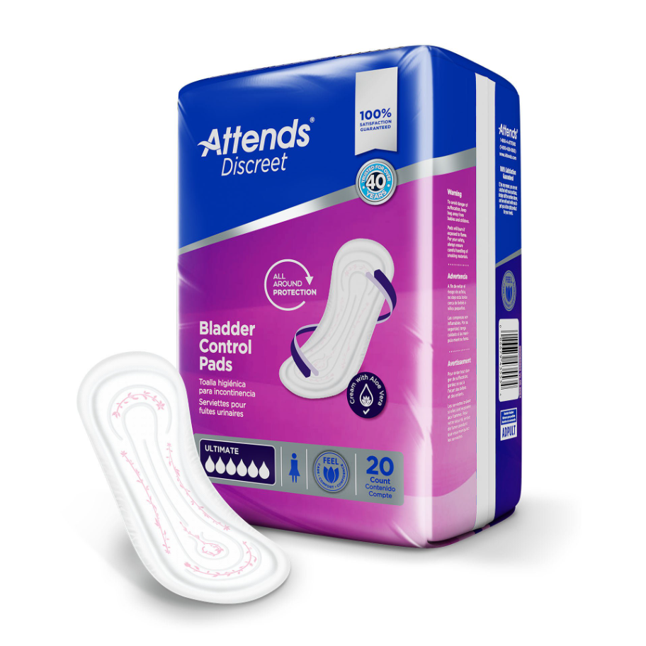 Attends Discreet Bladder Control Pads package in blue and purple packaging with a single control pad shown in front on a white background.