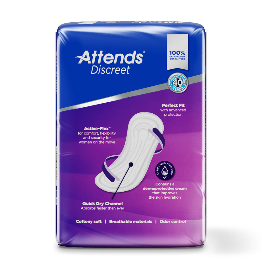 Attends Discreet sanitary pad packaging in blue and purple gradient packaging with product details and a graphic of the white and purple pad.