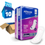 Attends Discreet Bladder Control Pads multi-pack box of 10, shown alongside a single white and pink sanitary pad and an open cardboard box on a white background.