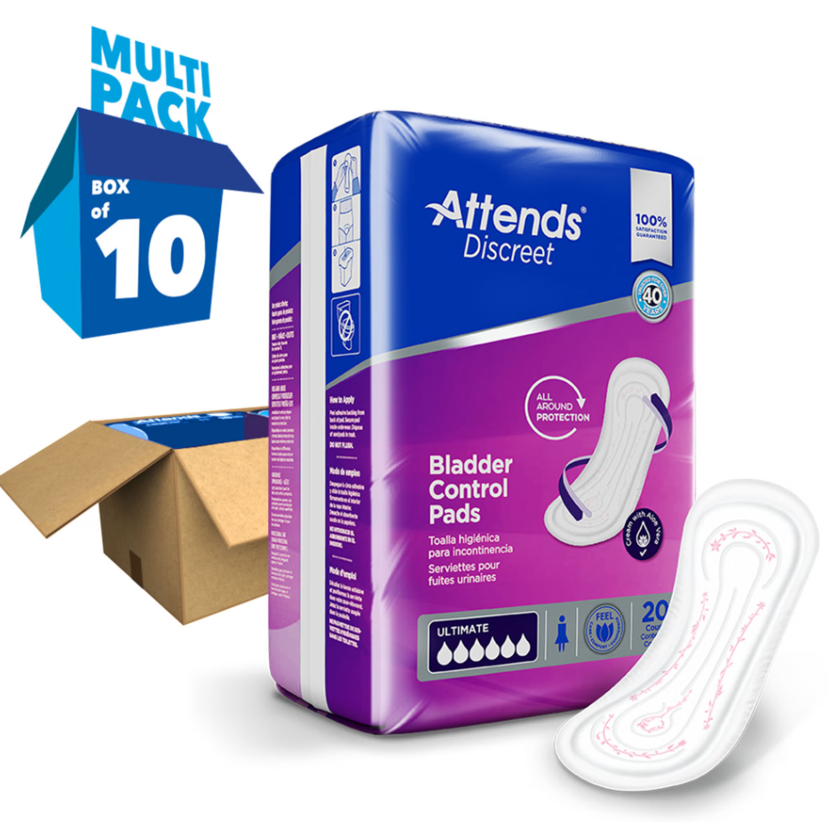 Attends Discreet Bladder Control Pads multi-pack box of 10, shown alongside a single white and pink sanitary pad and an open cardboard box on a white background.