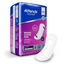 Attends Discreet Bladder Control Pads retail packaging in blue and purple, shown alongside a single white incontinence pad with pink printed markings on a clean white background.