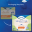 Two TENA sanitary pad packages on a blue background: a smaller Intimates Ultimate box in the back and a larger Sensitive Care Ultimate box in the front. White text at the top reads 'Packaging May Vary.
