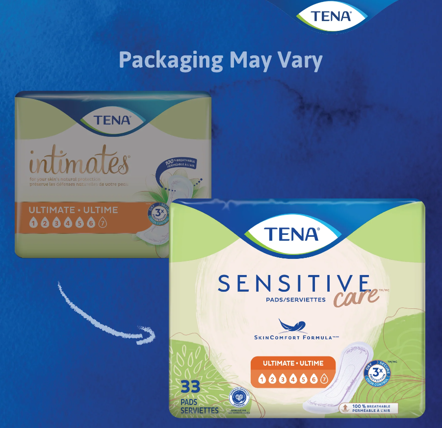 Two TENA sanitary pad packages on a blue background: a smaller Intimates Ultimate box in the back and a larger Sensitive Care Ultimate box in the front. White text at the top reads 'Packaging May Vary.