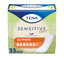A package of TENA Sensitive Care Ultimate sanitary pads, 33 count, featuring a green and white box with blue and orange accents and an illustration of a pad.